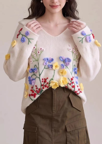 Dame Striktrøje Broderet Blomsterprint Efterårsstil 3