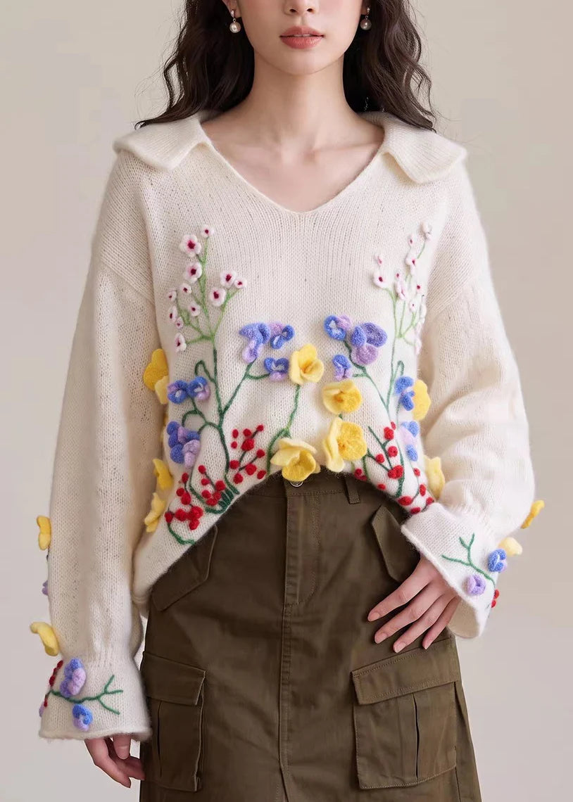 Dame Striktrøje Broderet Blomsterprint Efterårsstil 4