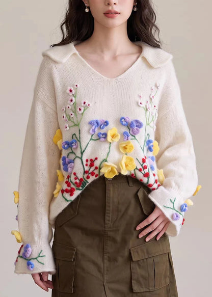 Dame Striktrøje Broderet Blomsterprint Efterårsstil 4
