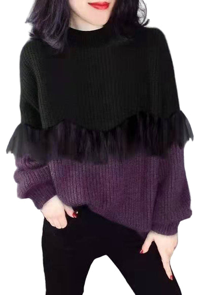 Dame Striktrøje O-hals med Patchwork Design 0