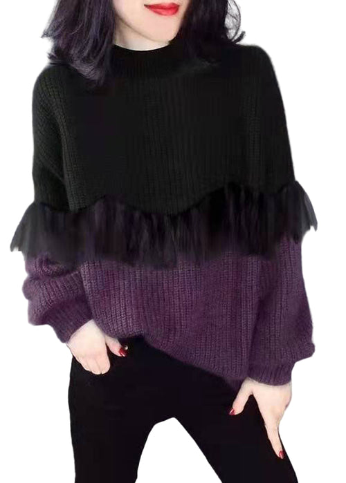Dame Striktrøje O-hals med Patchwork Design 0