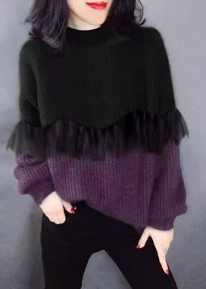 Dame Striktrøje O-hals med Patchwork Design 2