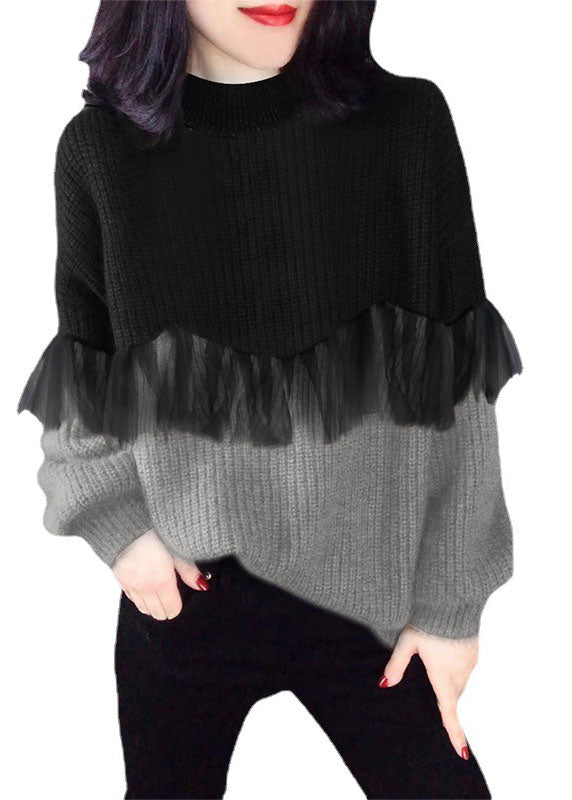 Dame Striktrøje O-hals med Patchwork Design 4