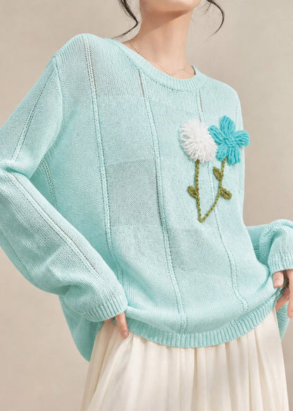Dame Striktrøje med Broderet Blomsterprint og Lange Ærmer 2