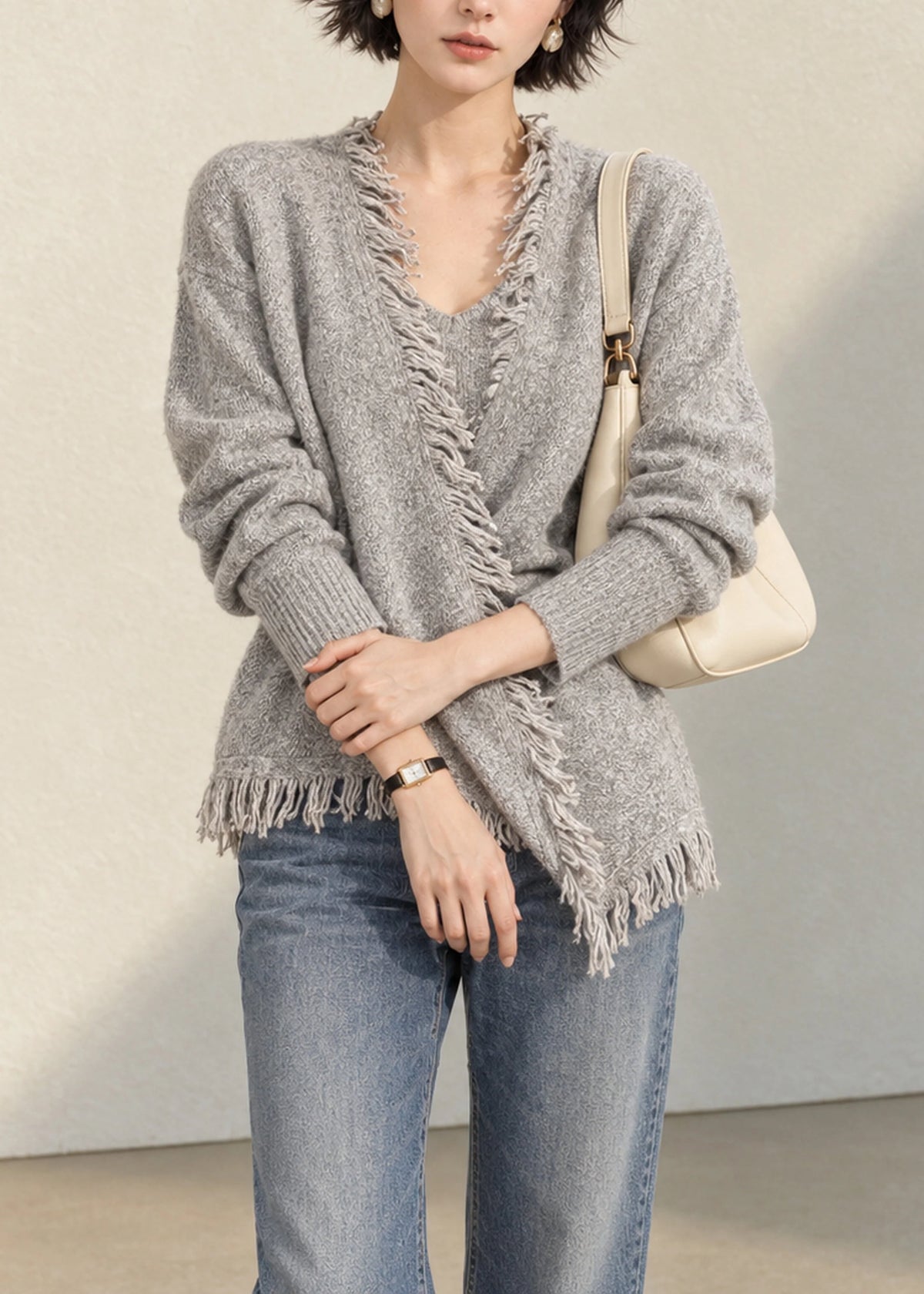 Dame Sweater Asymmetrisk V-hals Langærmet 1