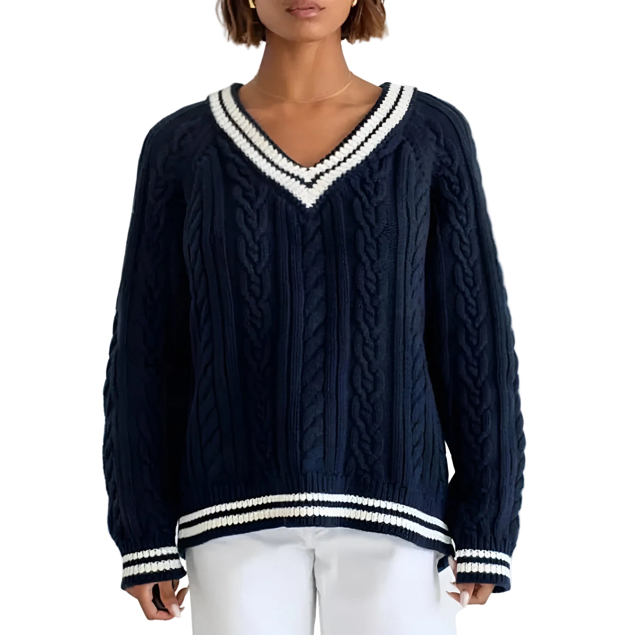 Dame Sweater Kabelstrikket V-Hals Oversized 0