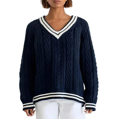 Dame Sweater Kabelstrikket V-Hals Oversized 0
