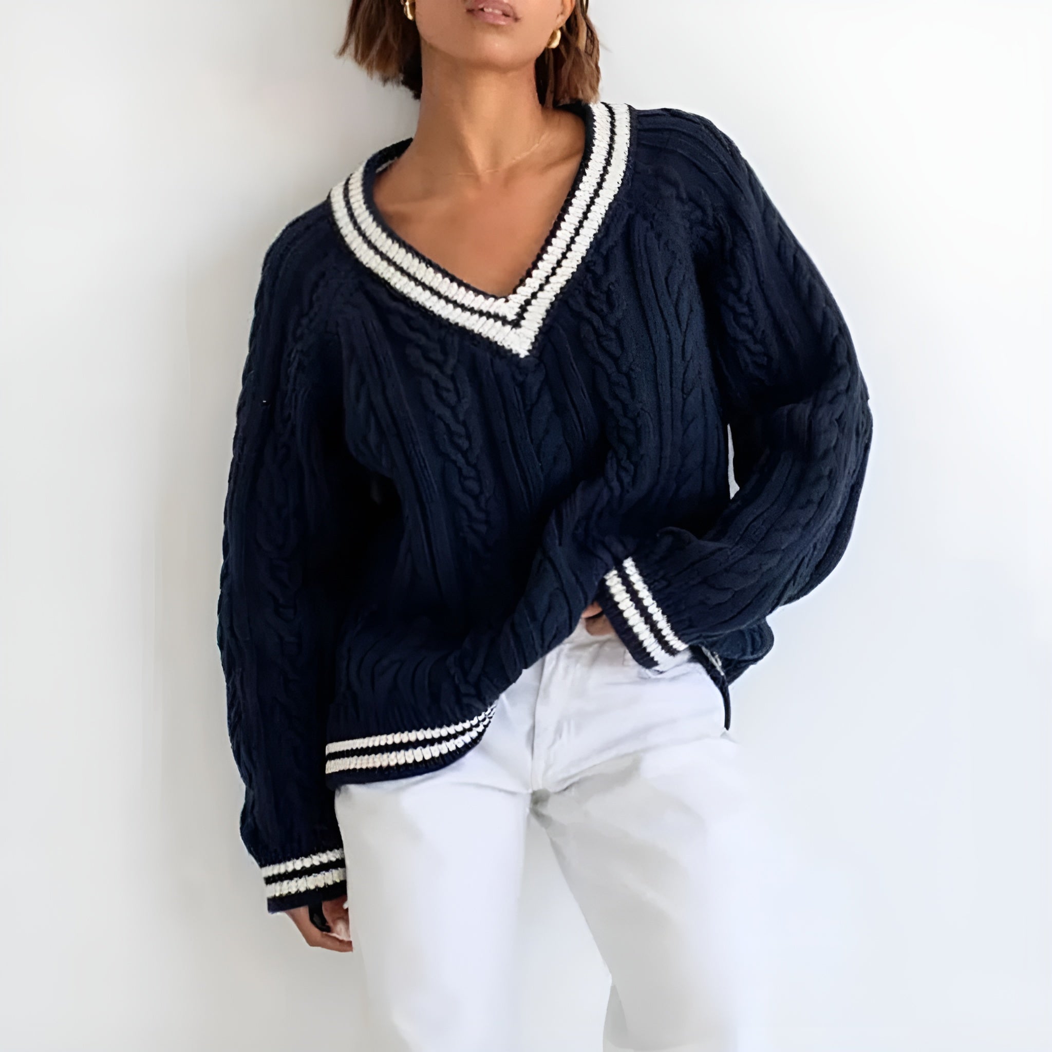 Dame Sweater Kabelstrikket V-Hals Oversized 1