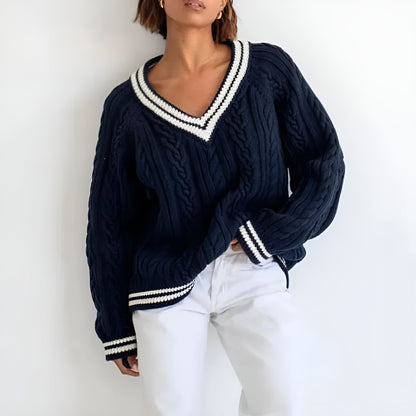 Dame Sweater Kabelstrikket V-Hals Oversized 1