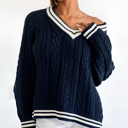 Dame Sweater Kabelstrikket V-Hals Oversized 2
