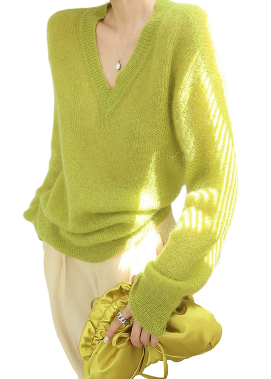 Dame Sweater V-Hals Fluorescerende Grøn Moderne Stil 0