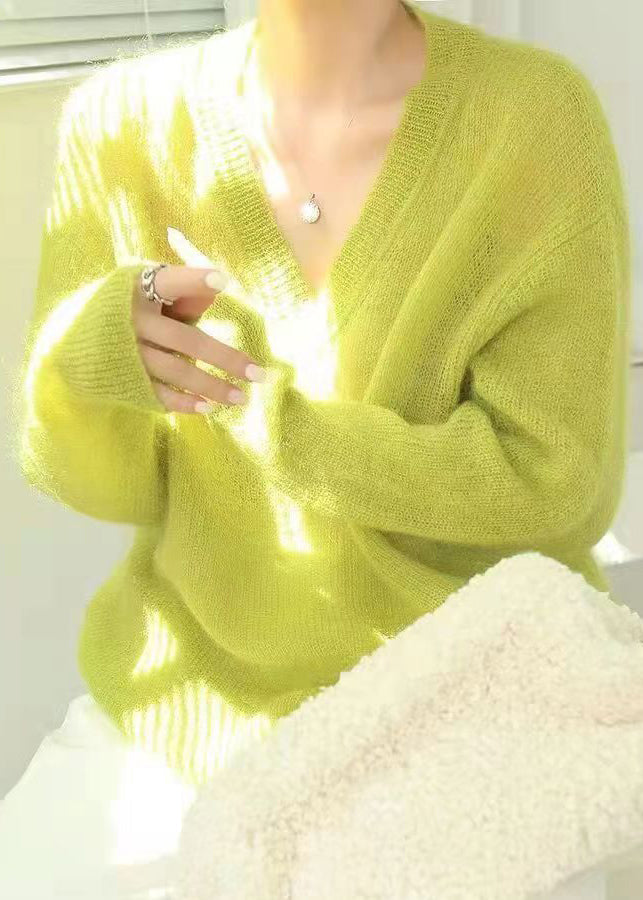 Dame Sweater V-Hals Fluorescerende Grøn Moderne Stil 2