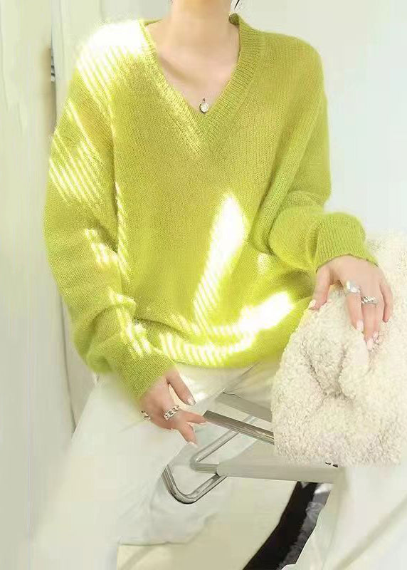 Dame Sweater V-Hals Fluorescerende Grøn Moderne Stil 3