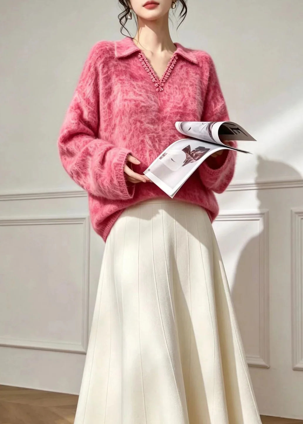 Dame Sweater V-hals med Blondekant og Polo Design 4