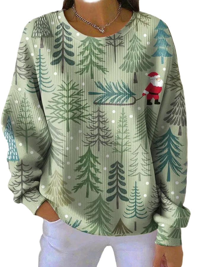 Dame Sweater med Granprint og Rund Hals 0