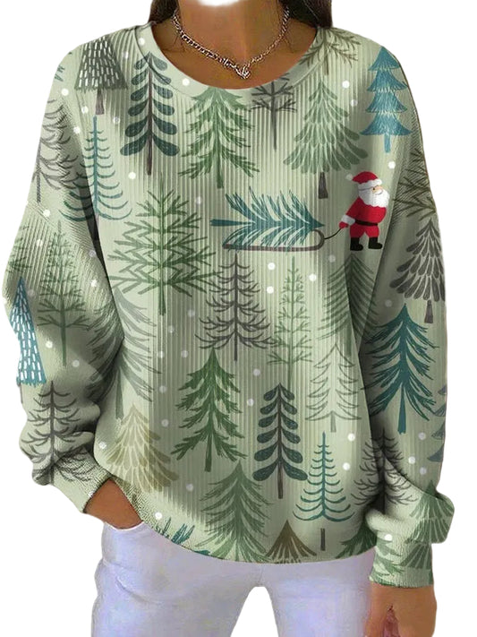 Dame Sweater med Granprint og Rund Hals 0