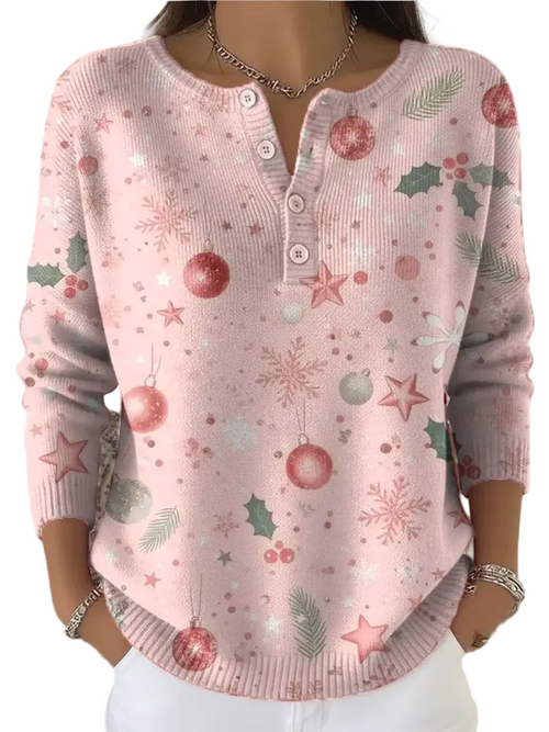 Dame Sweater med Knapper og Juleprint 0