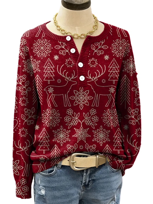 Dame Sweater med Rensdyr og Snefnugprint Festligt Design 0