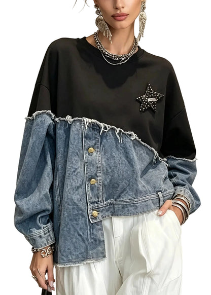 Dame Sweatshirt Asymmetrisk Patchwork Design 0