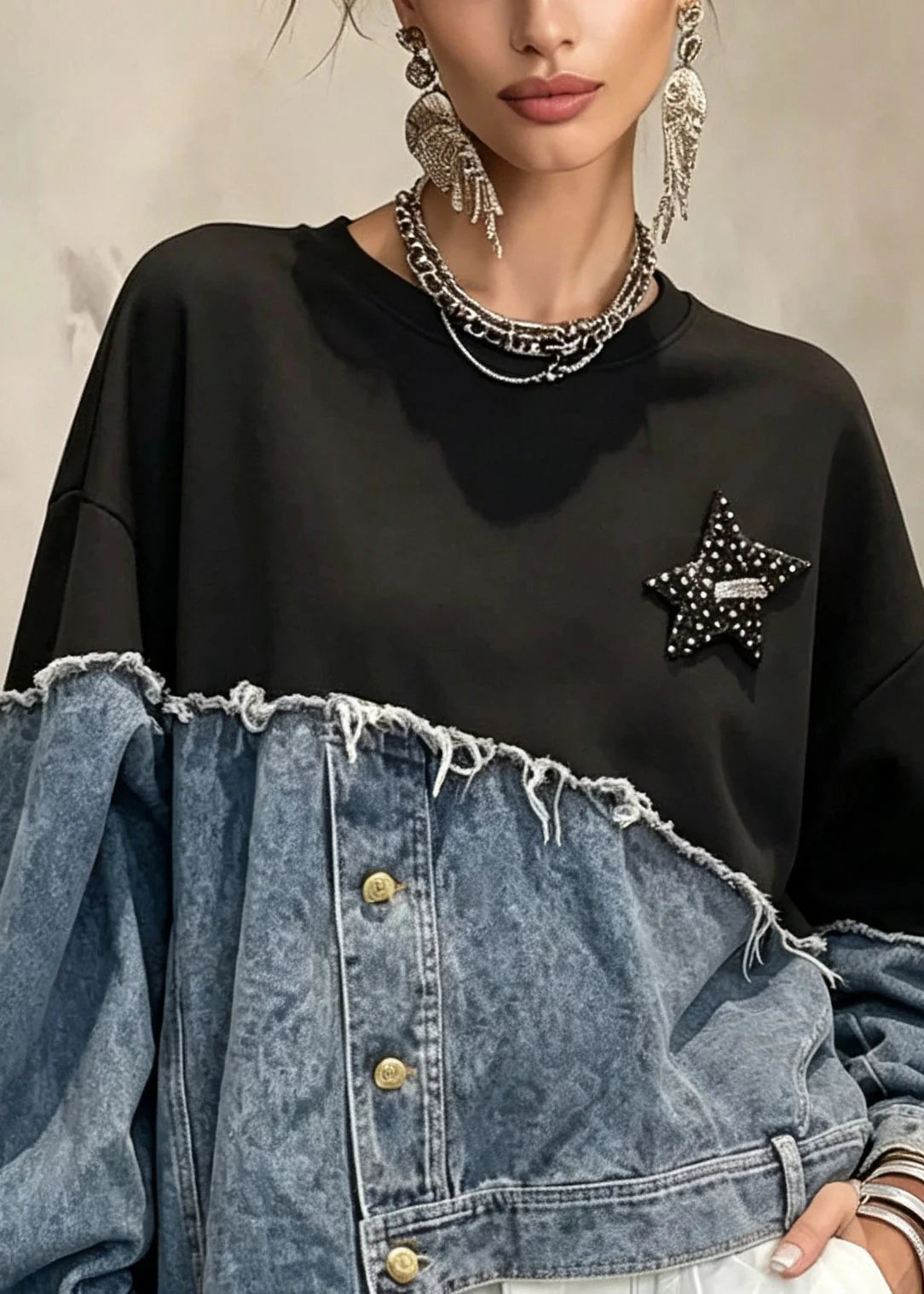 Dame Sweatshirt Asymmetrisk Patchwork Design 1