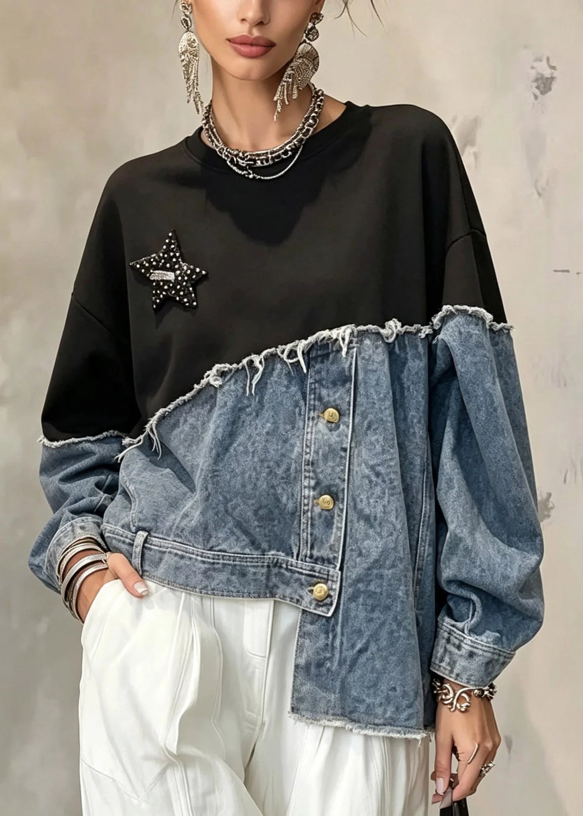 Dame Sweatshirt Asymmetrisk Patchwork Design 2