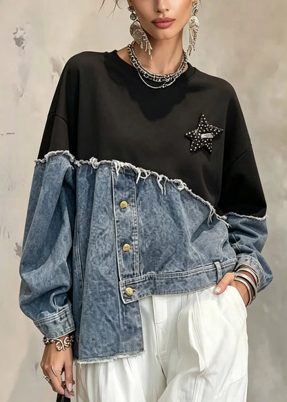 Dame Sweatshirt Asymmetrisk Patchwork Design 4