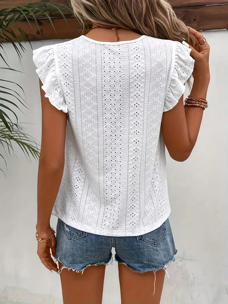Dame T-Shirt Vintage Med Flæsedetaljer Rund Hals 1
