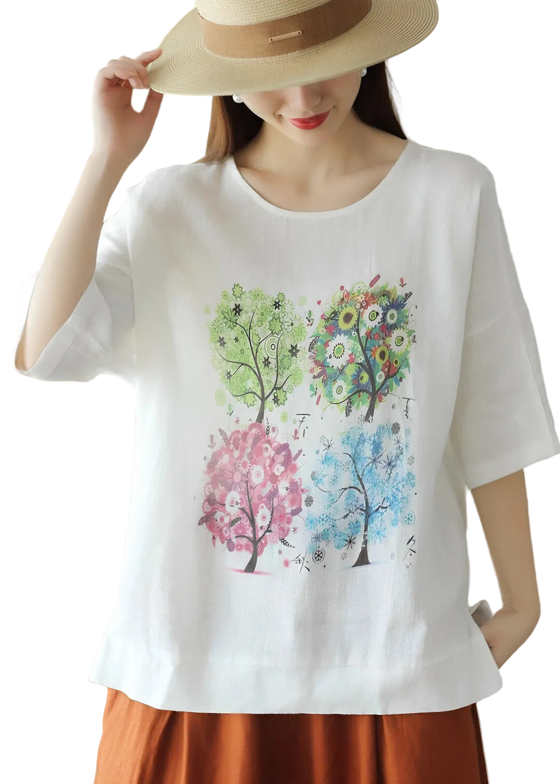 Dame T-shirt med O-hals og print i sommerstil 0