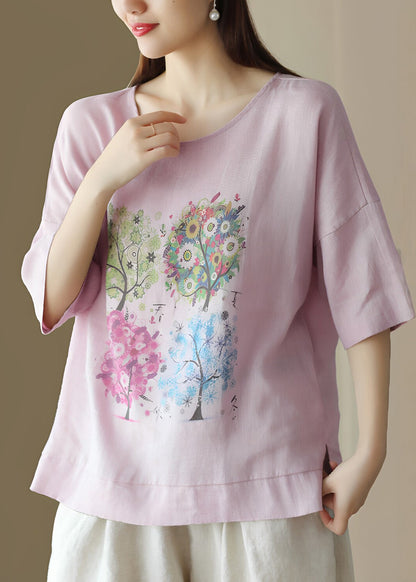 Dame T-shirt med O-hals og print i sommerstil 1