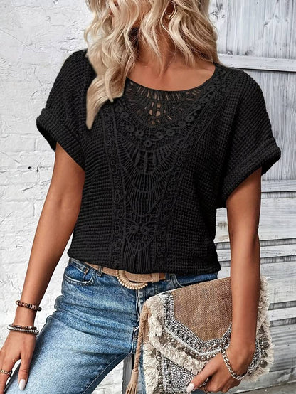 Dame T-shirt med Rund Hals og Blonder 3