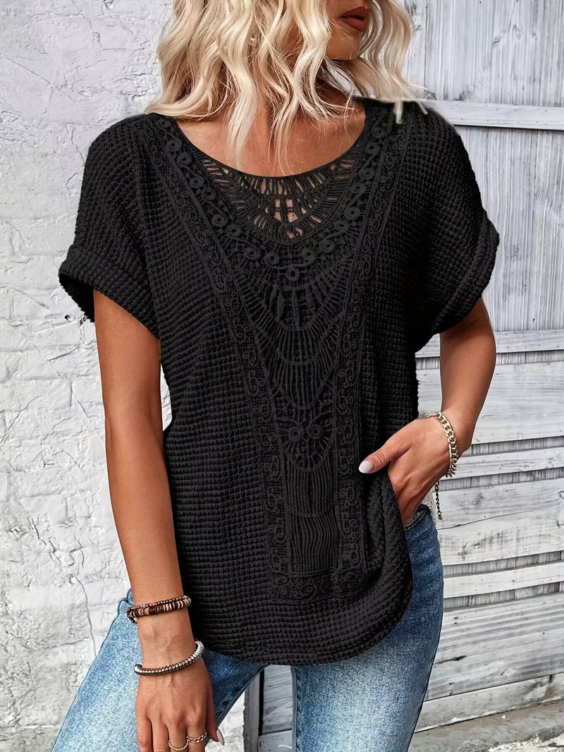 Dame T-shirt med Rund Hals og Blonder 8