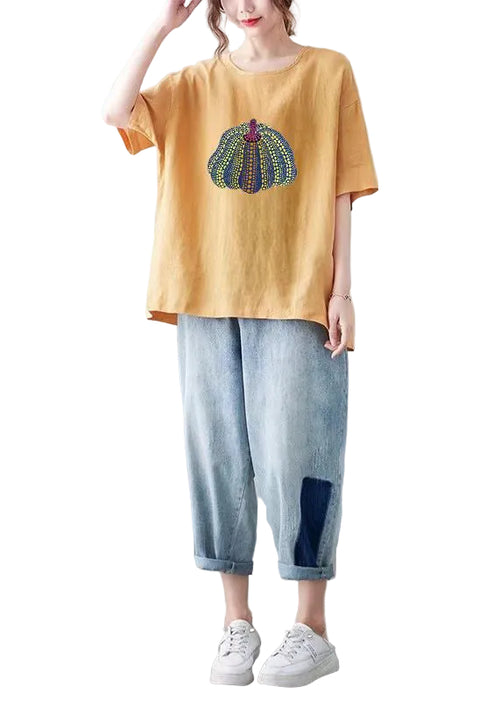 Dame T Shirt Med O-hals Og Print I Afslappet Stil 0