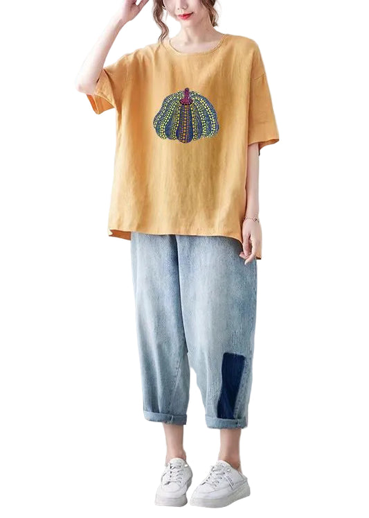 Dame T Shirt Med O-hals Og Print I Afslappet Stil 0