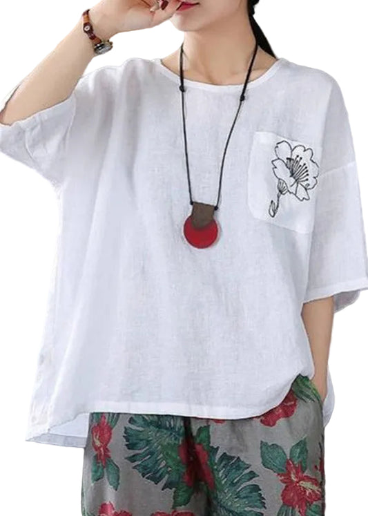 Dame T Shirt O-hals med Broderede Detaljer 0