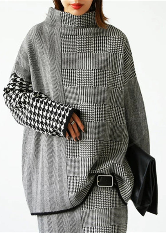 Dame Todelt Sæt med Plaid Striktrøje og Nederdel 2