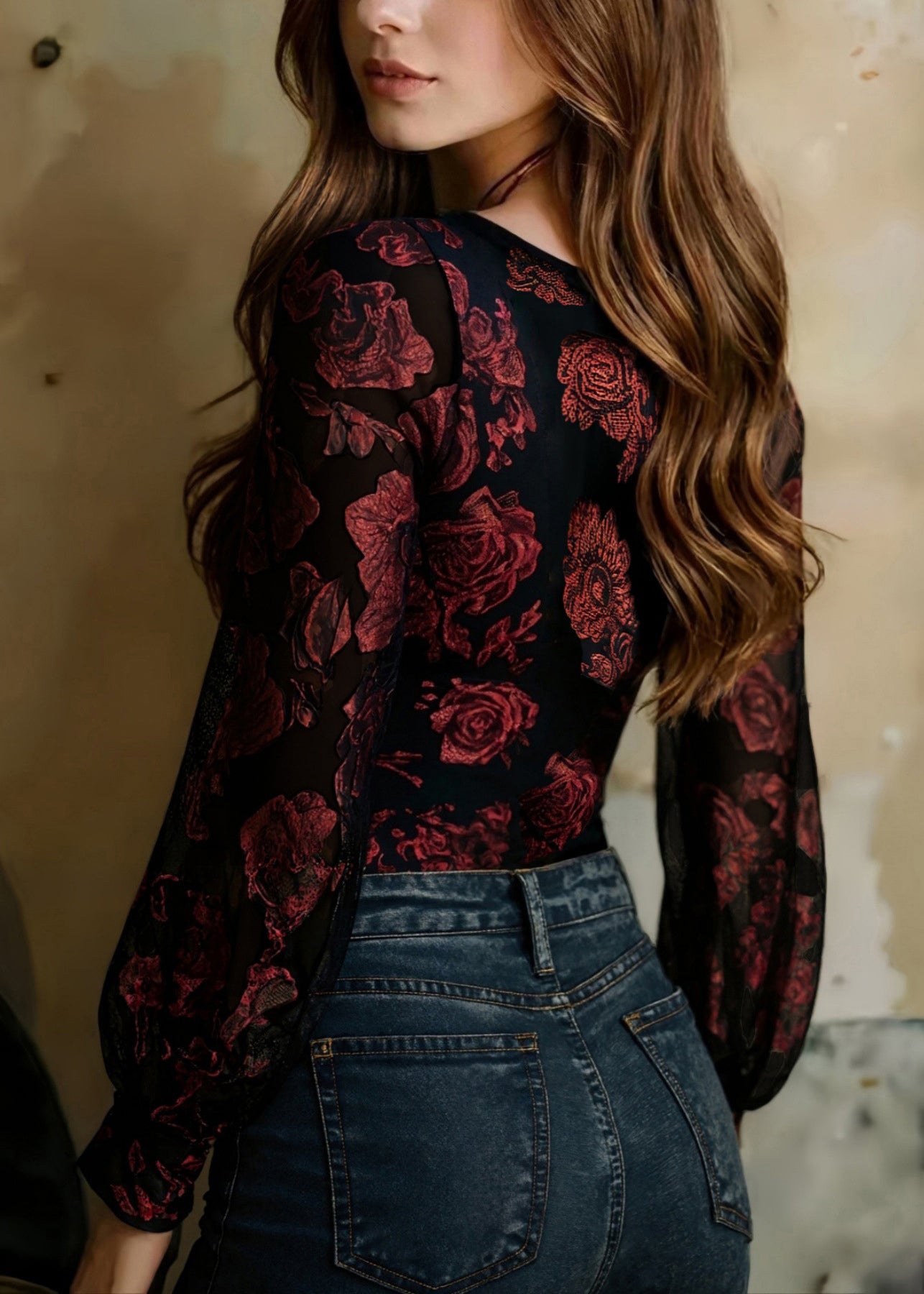 Dame Top V-hals Patchwork Design Langærmet 1