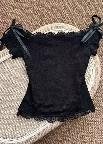 Dame Top med Slash Hals og Sløjfe Detalje 0