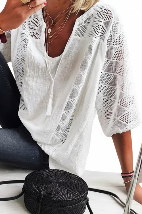 Dame U-hals Bluse med Patchwork Design 0