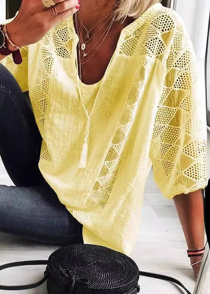 Dame U-hals Bluse med Patchwork Design 2