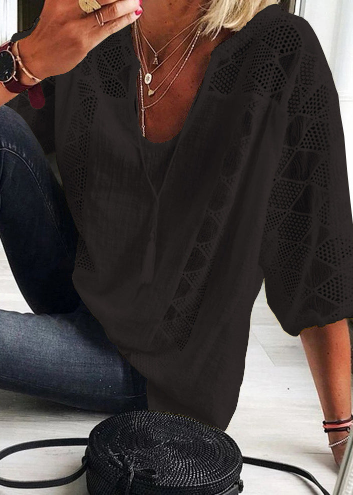 Dame U-hals Bluse med Patchwork Design 3