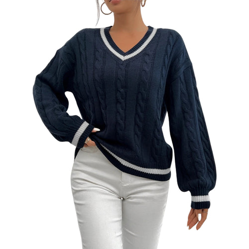 Dame V-hals Strikket Sweater med Kabelstrik 0
