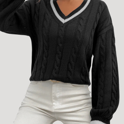 Dame V-hals Strikket Sweater med Kabelstrik 8