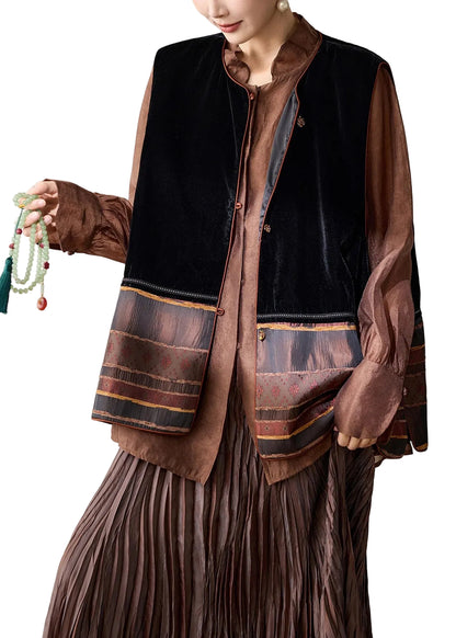 Dame Velourvest Ærmeløs Patchwork Vintage Stil 0