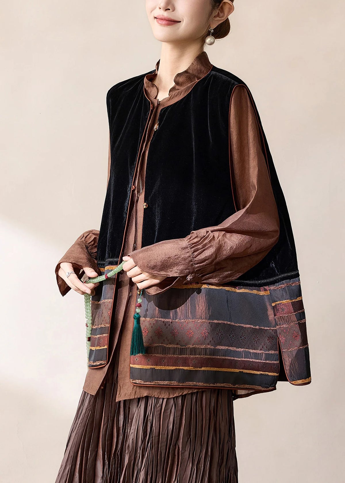 Dame Velourvest Ærmeløs Patchwork Vintage Stil 2