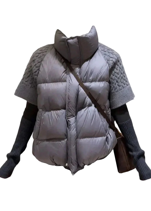 Dame Vest Kortærmet Patchwork Strik med Ståkrave 0