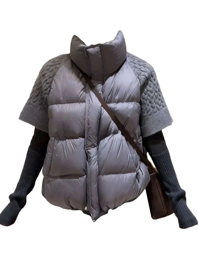 Dame Vest Kortærmet Patchwork Strik med Ståkrave 2