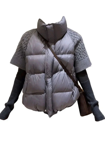 Dame Vest Kortærmet Patchwork Strik med Ståkrave 2