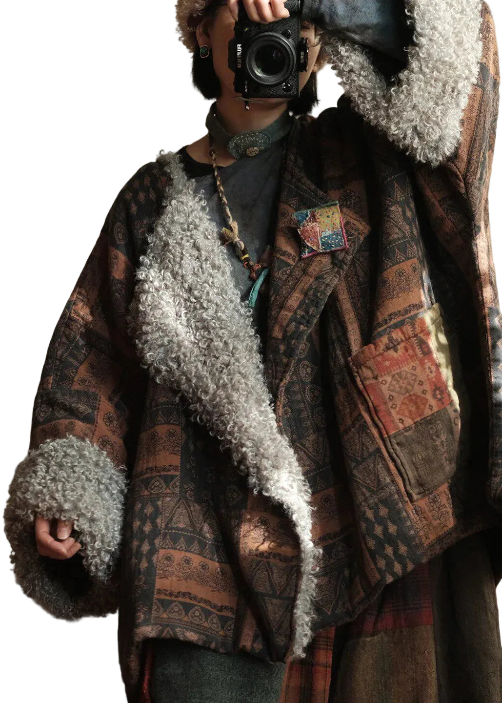 Dame Vinterfrakke med Peter Pan-krave og Patchwork Design 1