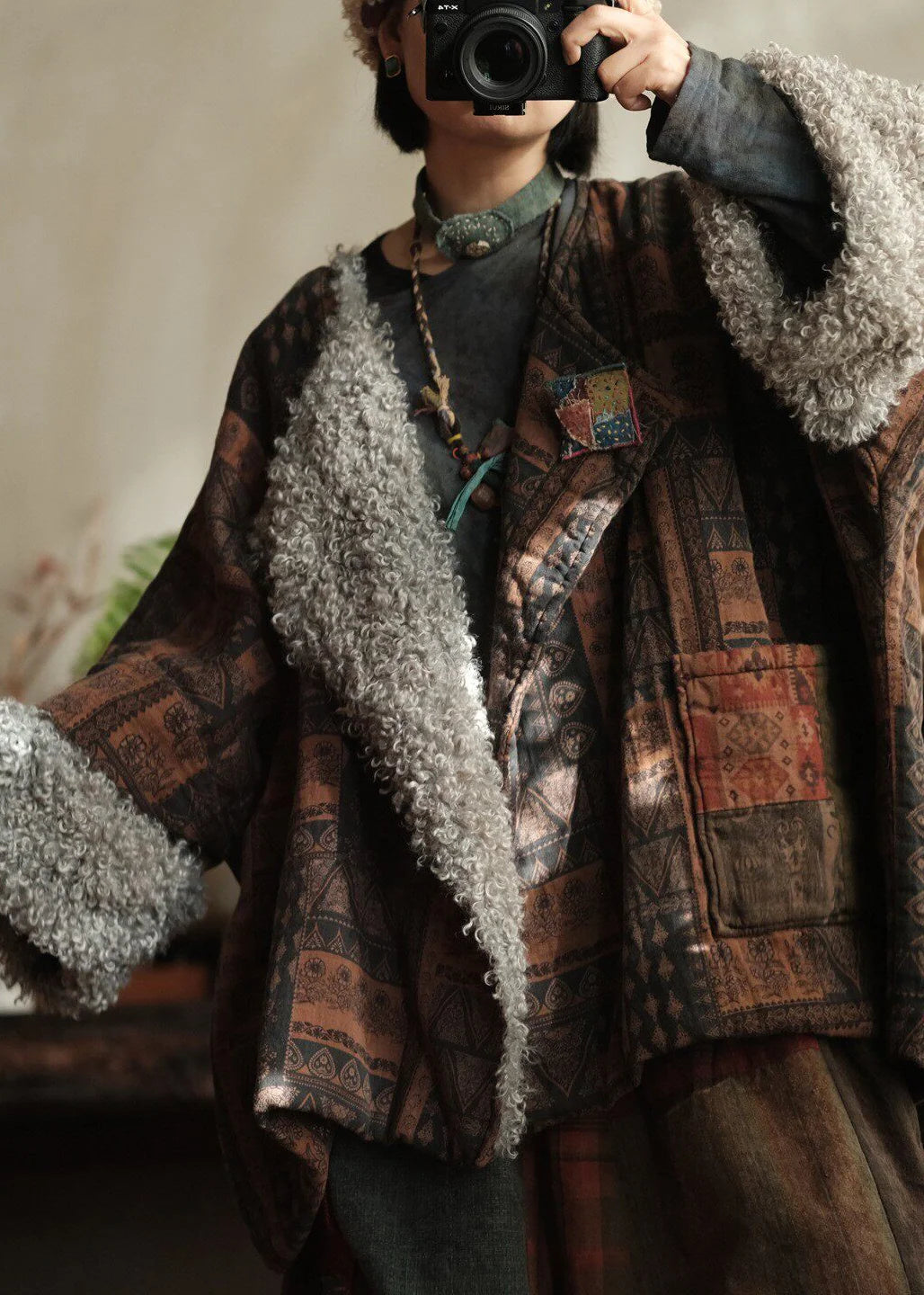 Dame Vinterfrakke med Peter Pan-krave og Patchwork Design 3