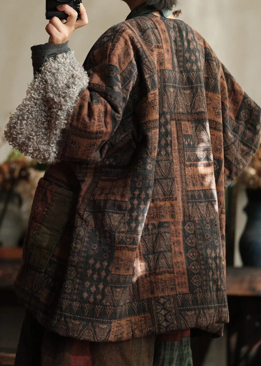Dame Vinterfrakke med Peter Pan-krave og Patchwork Design 4